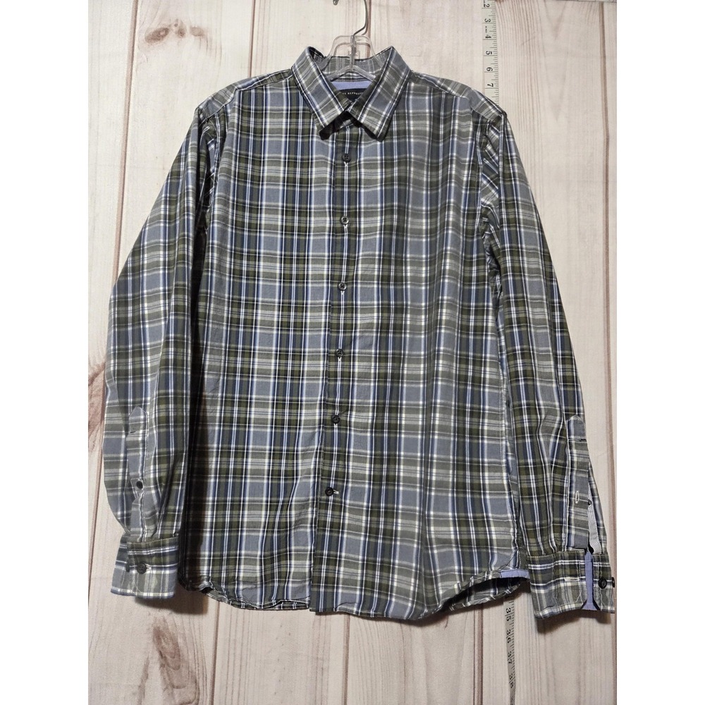 Banana Republic Shirt Mens‎ Medium Blue Green Plaid Button Front Long Sleeve